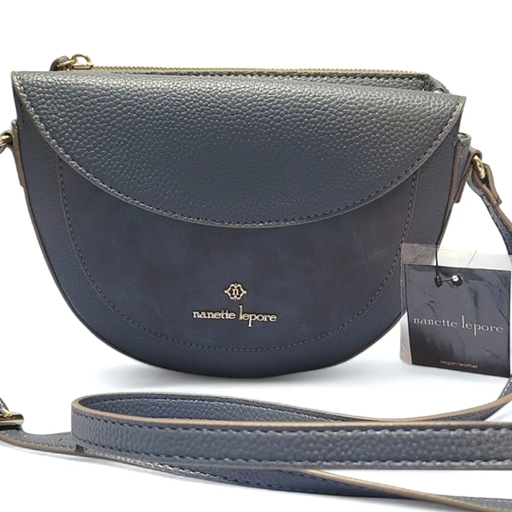 Nanette Lepore Half Moon Crossbody Bag | Vegan Leather & Suede | Top Zip Flap - Picture 2 of 12